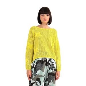 Lili Sidonio Callie Loose Fitting Openwork Sweater Yellow Floral Knit Womens SM